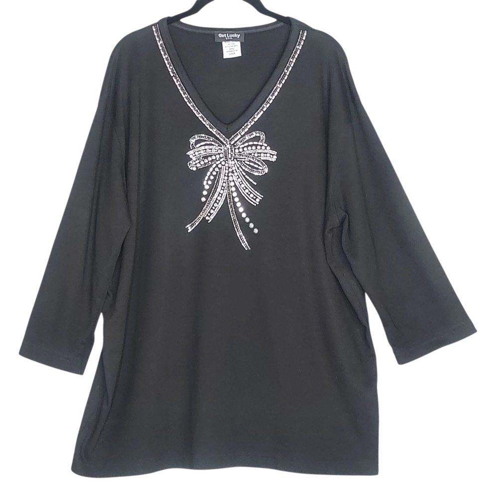 Get Lucky USA Women 2X Black Embellished Rhinestone Bow Top NWOT NEW